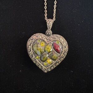 Heart-Shaped Silver Pendant Necklace with Multicolor Stones